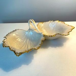 Lenox Divided Leaf Bowl with Handle 24k Gold Trim Wedding Mothers Day Birthday